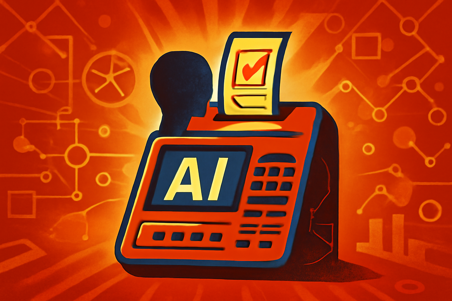 An abstract digital network representing human and AI personas interacting globally. Some figures appear synthetic to show the concept of AI swarms.