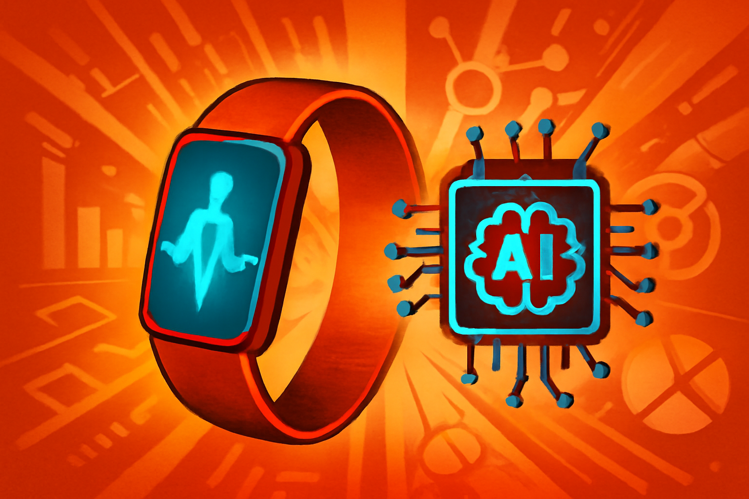 A close-up of a patient's wrist with a digital health tracker showing data trends while a tablet in the background displays clinical analytics.