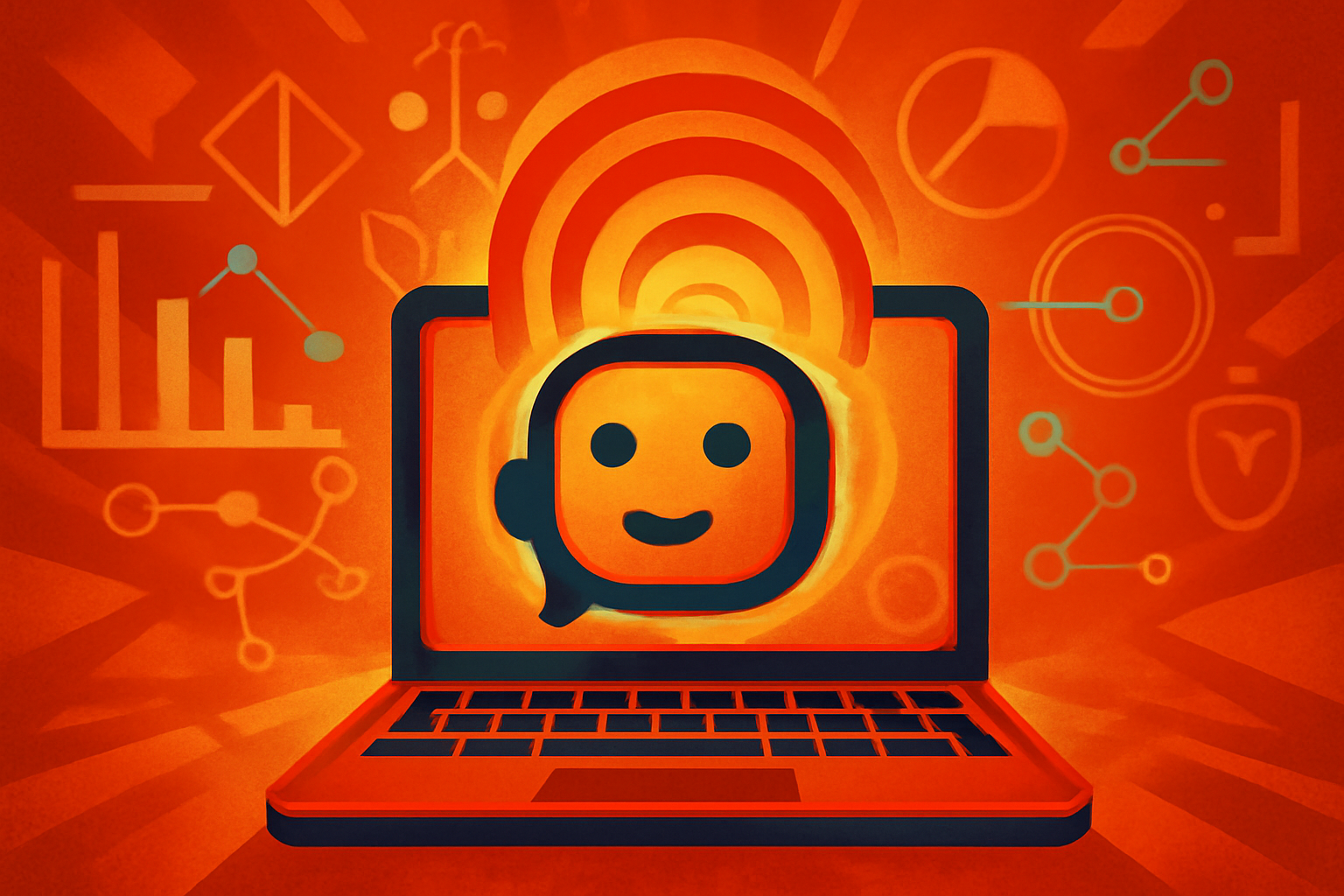 A person interacts with a glowing smartphone in a dimly lit setting, with digital graphics representing a psychological spiral between the human and the AI.