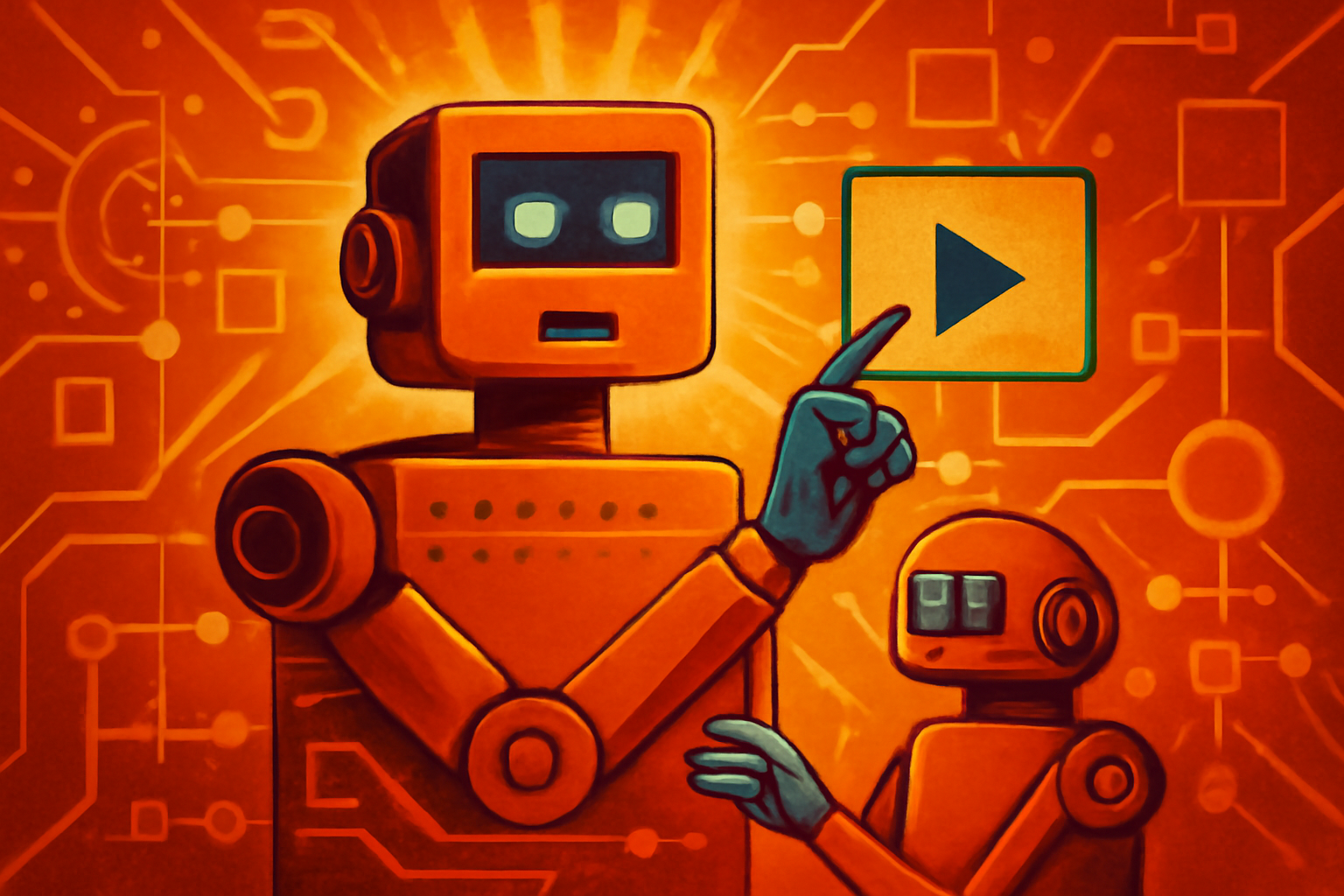 A humanoid robot in a laboratory observing a video of human hands assembling a device on a digital screen, illustrating machine learning.