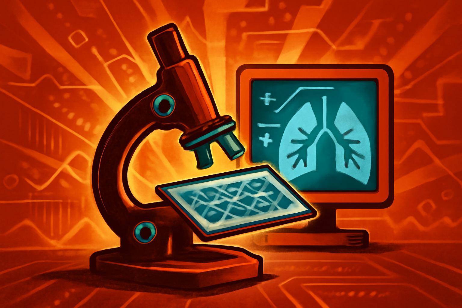A medical monitor displays a microscopic lung tissue sample with digital AI highlights marking specific cellular structures for cancer analysis.