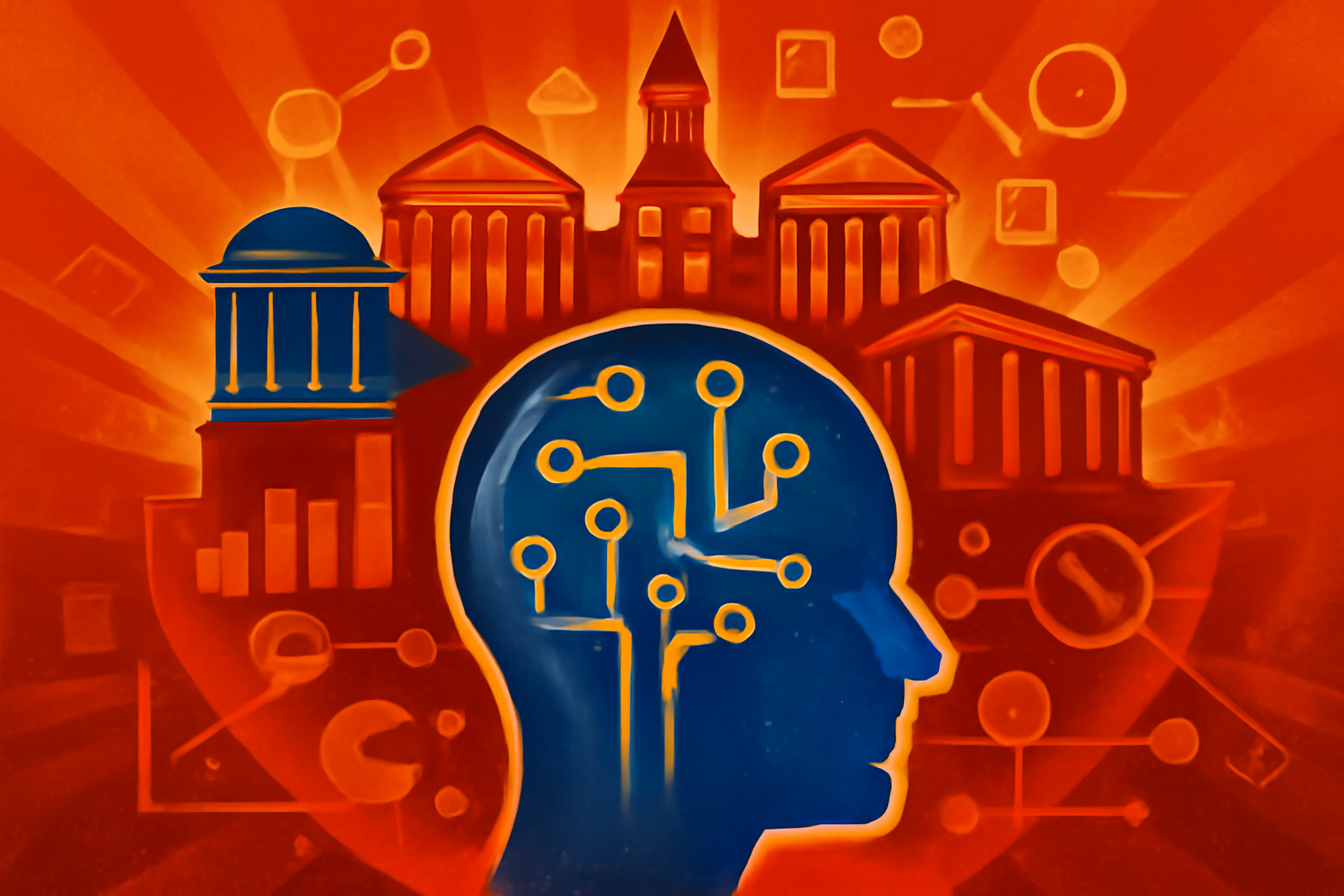 A sleek university building with digital icons representing artificial intelligence and regional collaboration.