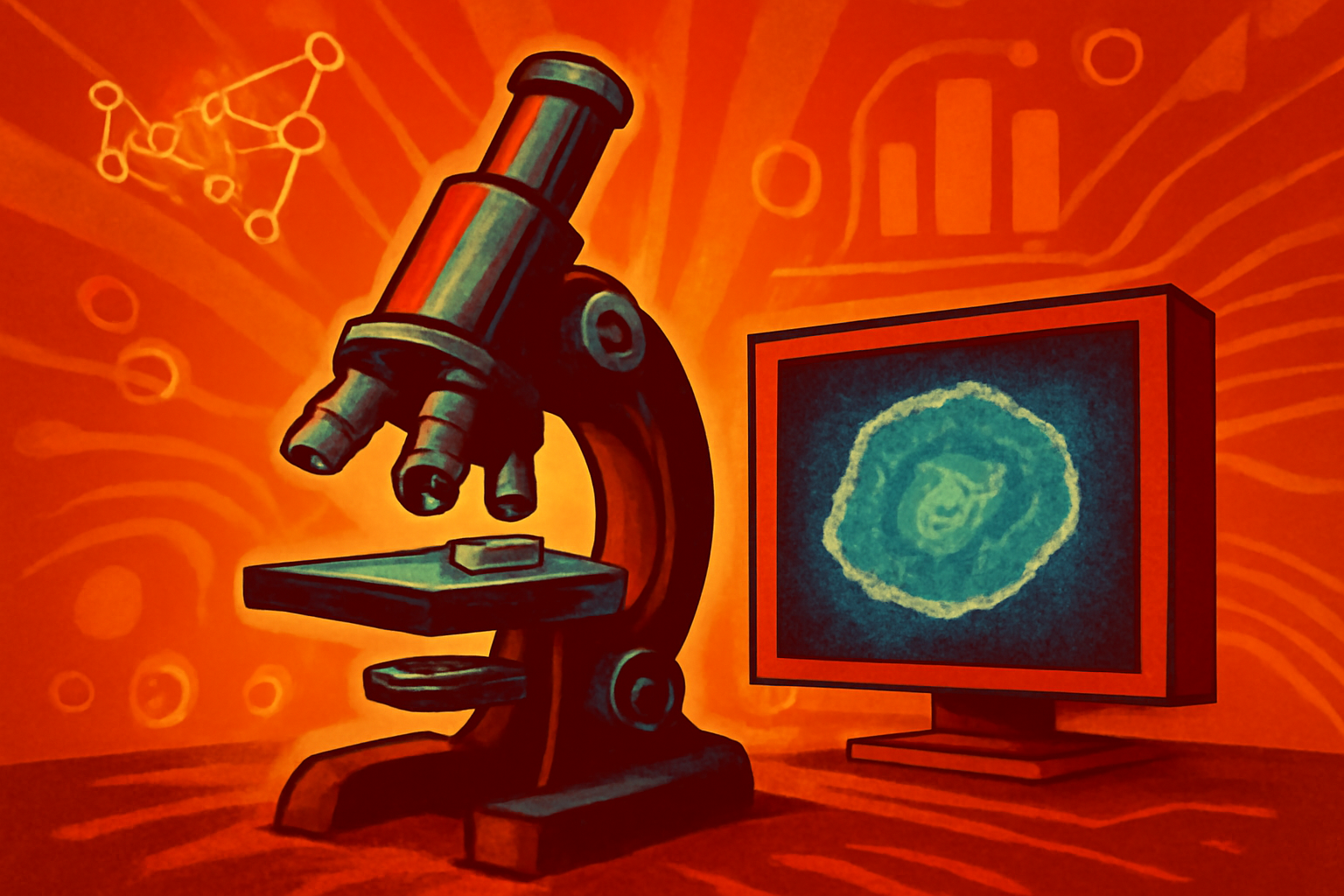 A laboratory scene showing a digital screen displaying a high-resolution, real-time video of glowing microscopic cells.