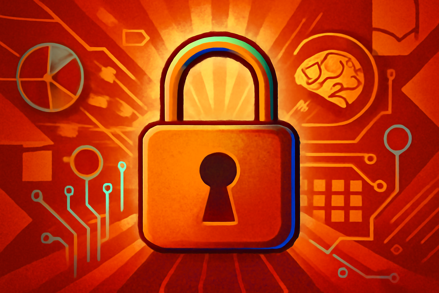 Digital illustration of a glowing AI neural network contained within a secure glass vault, symbolizing restricted access to high-risk software.