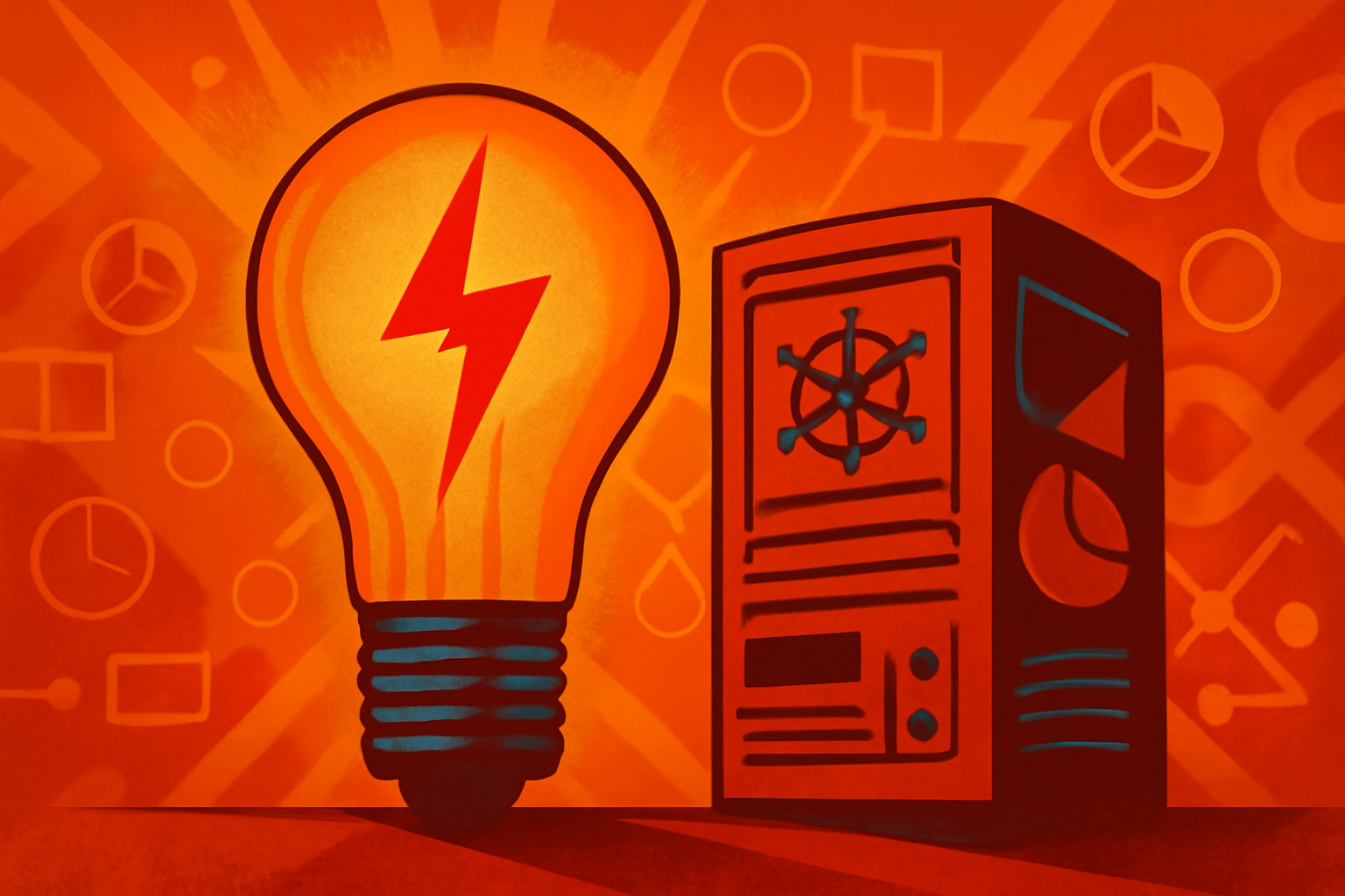 A row of server racks in a data center with a small UK flag on one panel, overlaid with a glowing graph showing an upward trend in energy prices.