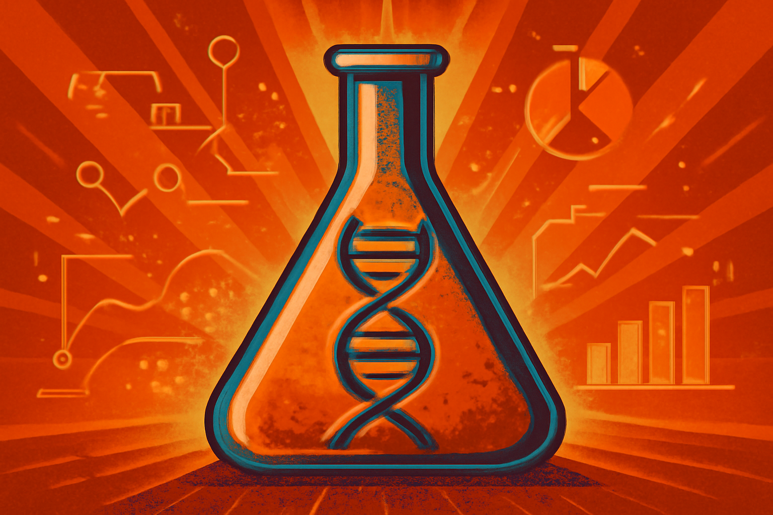 A high-tech laboratory environment featuring screens with DNA sequences and digital AI neural networks.