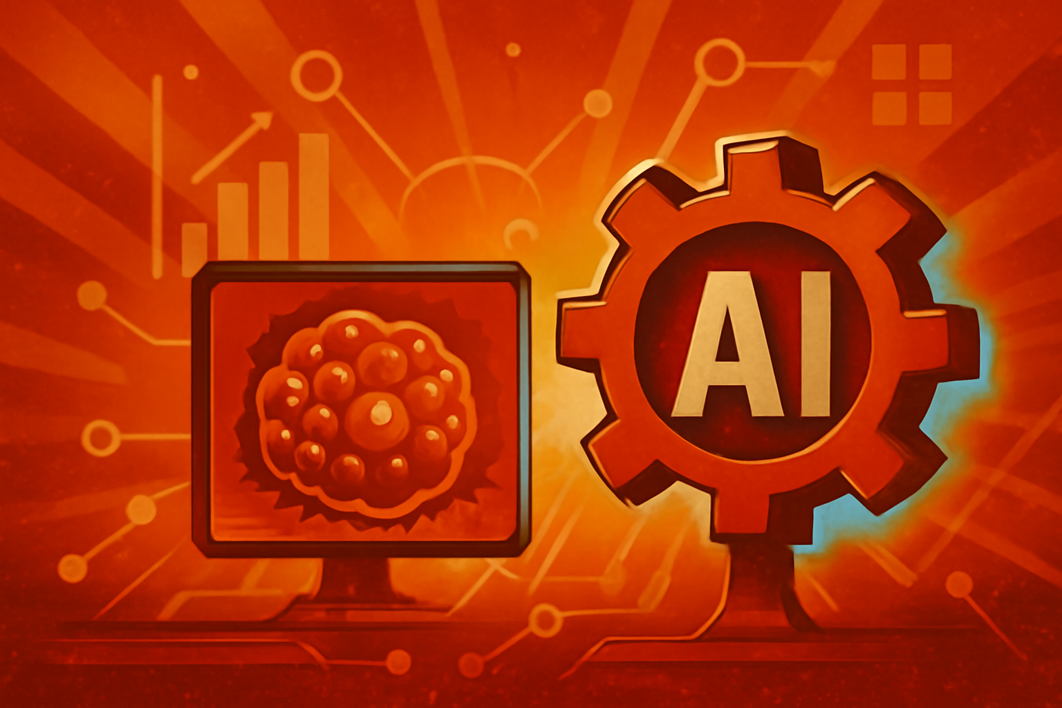 An editorial illustration of a human figure integrated with digital neural networks and biological data points, symbolizing AI in cancer research.