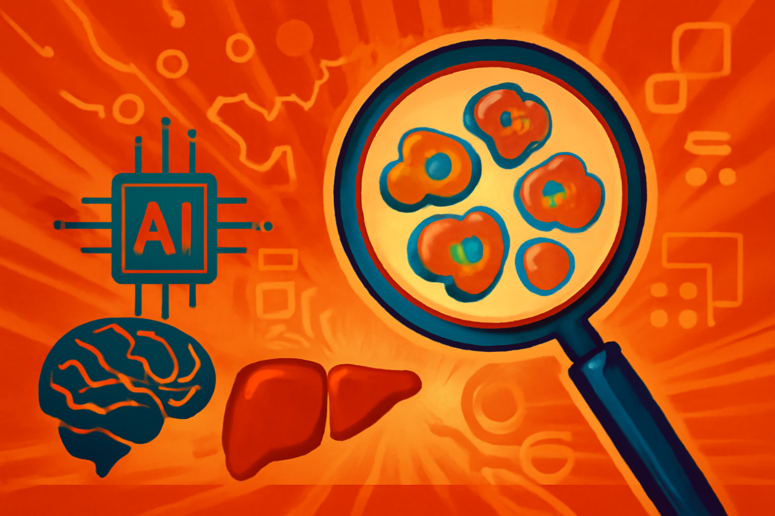 A digital visualization of tumor cell data on a laboratory monitor, showing colorful microscopic clusters and heatmaps used for cancer survival prediction.