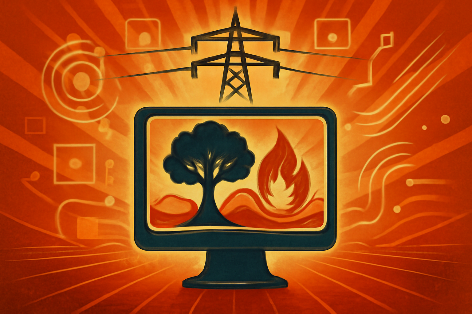 Aerial view of power lines through a forest with digital data overlays highlighting high-risk trees for wildfire prevention.
