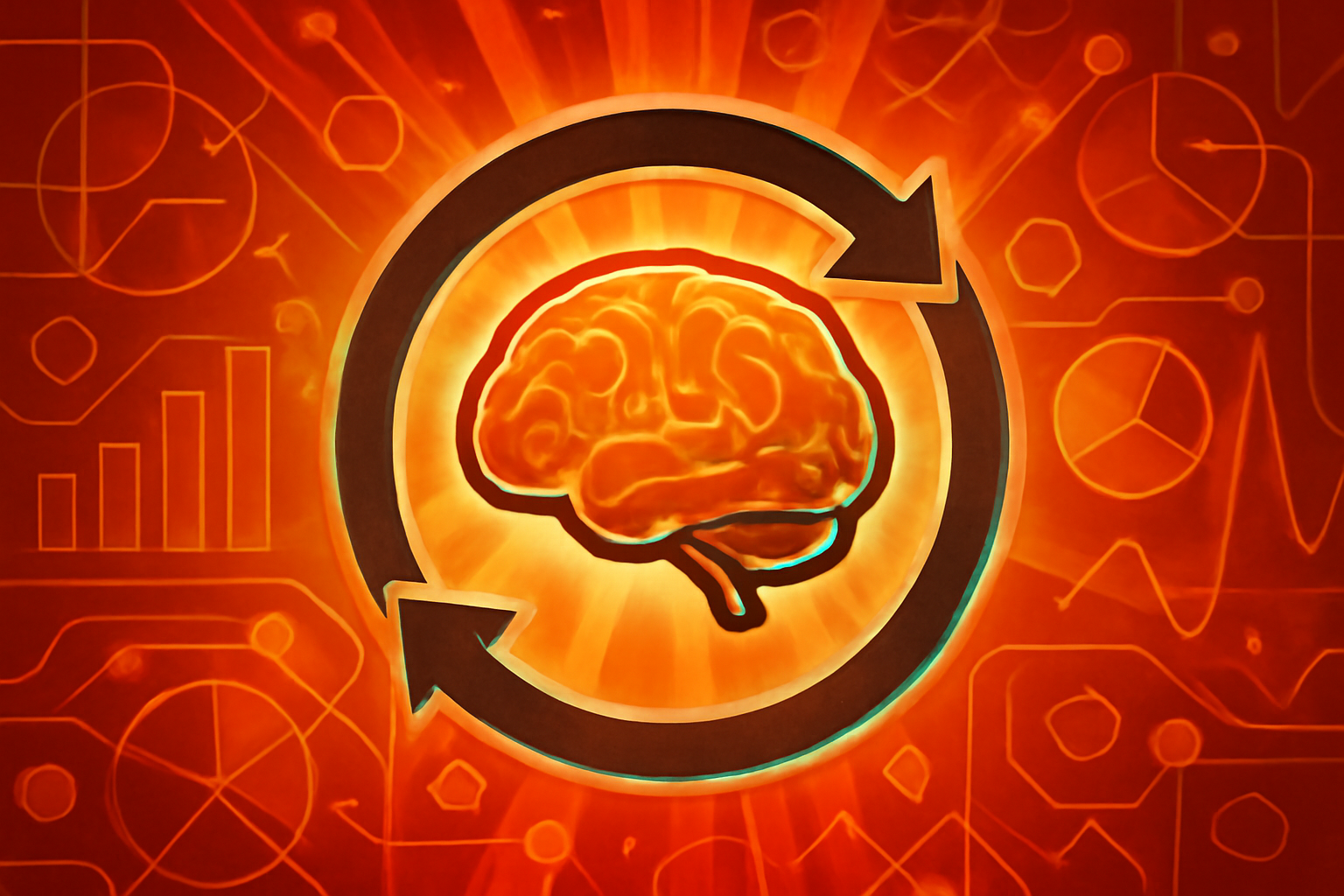 A holographic blue neural network structure forming a circular loop with floating code symbols, representing self-improving artificial intelligence.