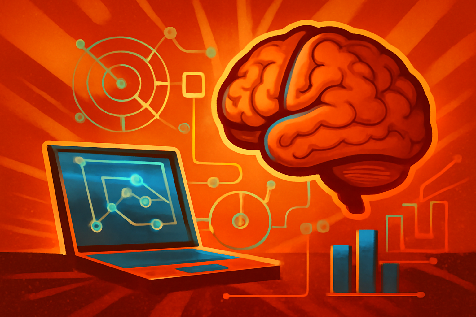A medical visualization showing a brain being analyzed by digital data streams, representing AI-driven cancer research and vaccine development.