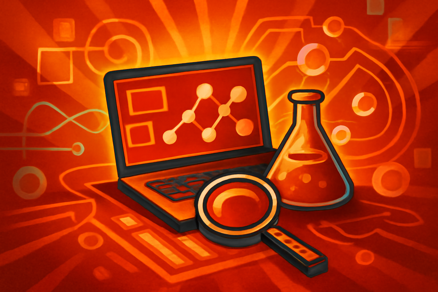 A digital visualization of data pathways and molecular models representing the pinax system used for materials science research in Japan.