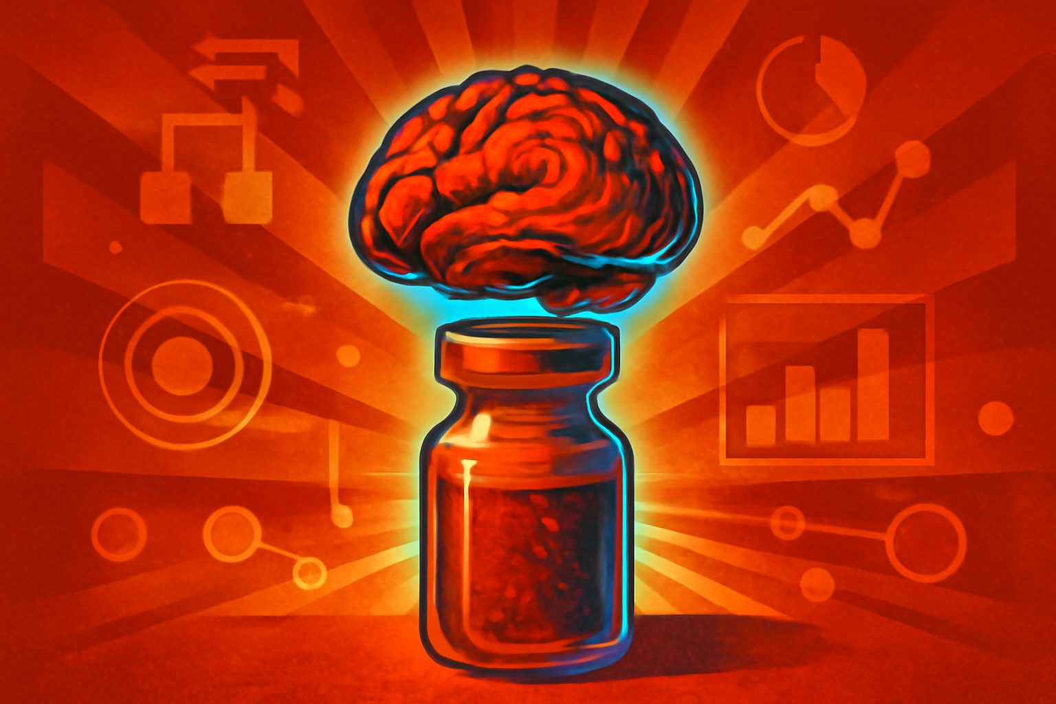 A conceptual digital illustration of a human brain integrated with data streams and DNA strands, representing AI-driven cancer vaccine research.