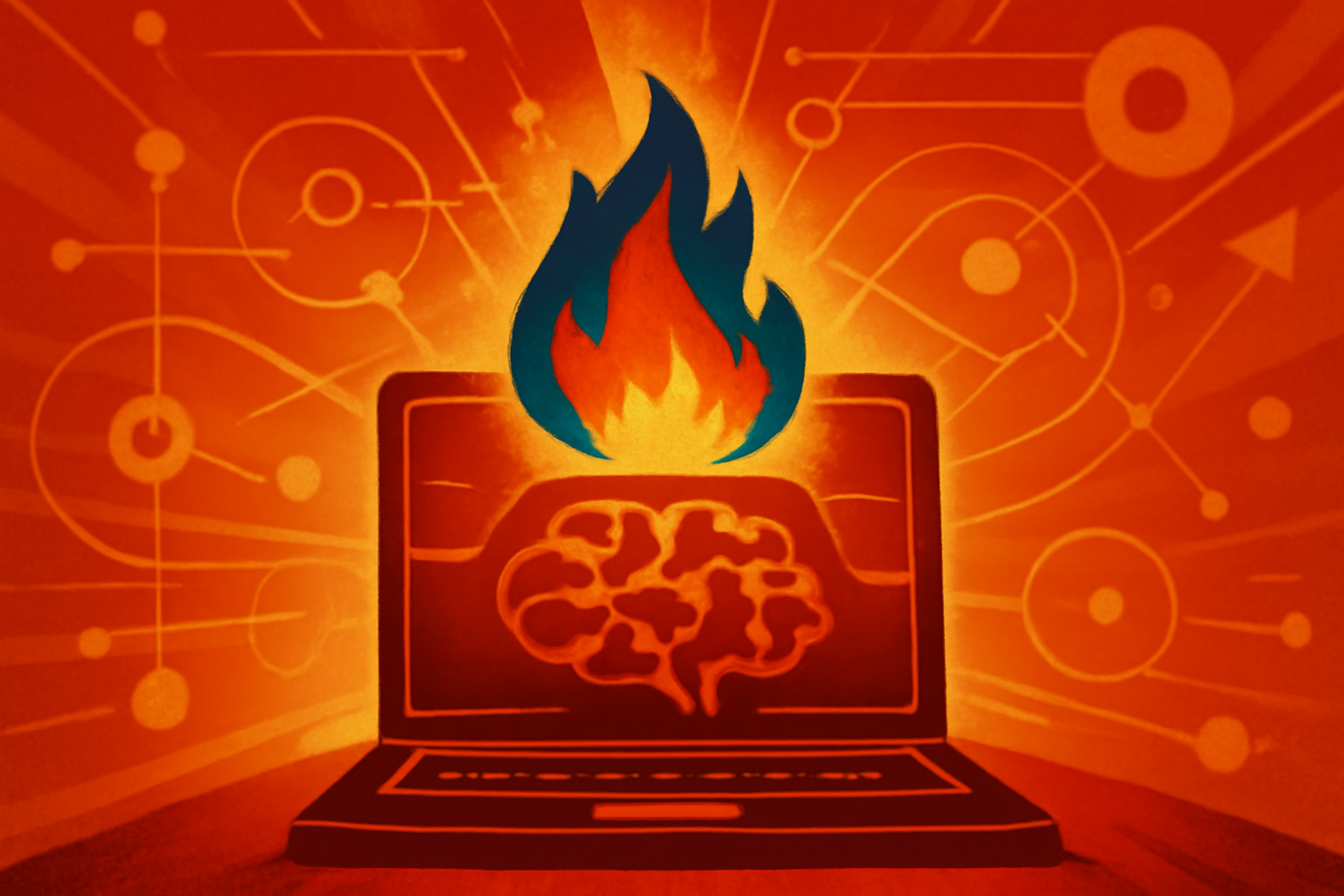A digital visualization of an AI wildfire detection system over a forest, with heat-sensing data points and supercomputer elements in the background.