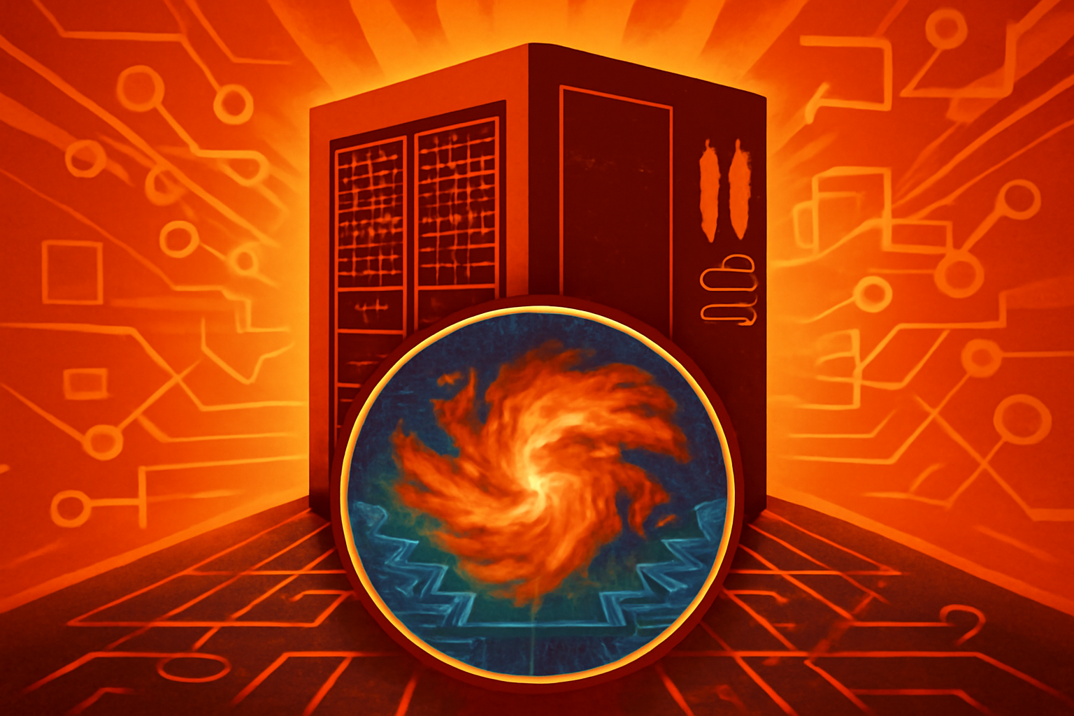 An illustration showing supercomputer racks with a glowing digital representation of magnetic plasma turbulence.