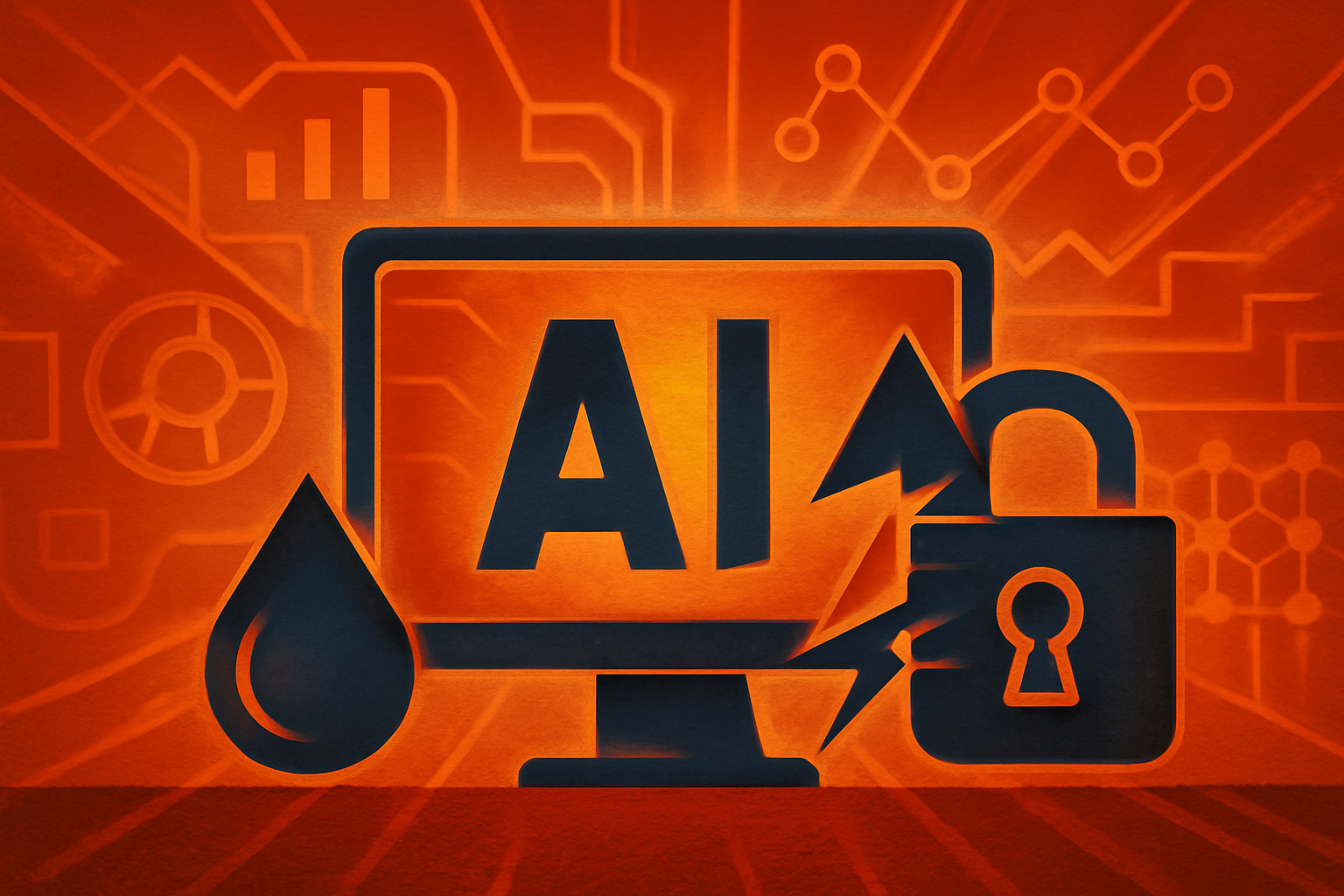 A digital illustration representing machine learning vulnerabilities with a glowing network structure showing cracks and red alert symbols.