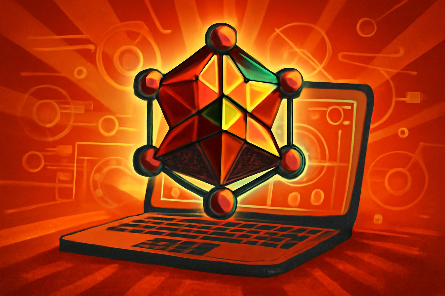 A laboratory monitor displays a 3D atomic crystal structure with digital neural network overlays indicating AI analysis, with scientific equipment in the background.