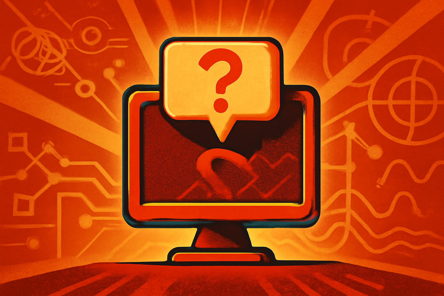 An editorial illustration of a robot interacting with a glowing digital interface displaying a question mark, symbolizing AI uncertainty and calibration research.