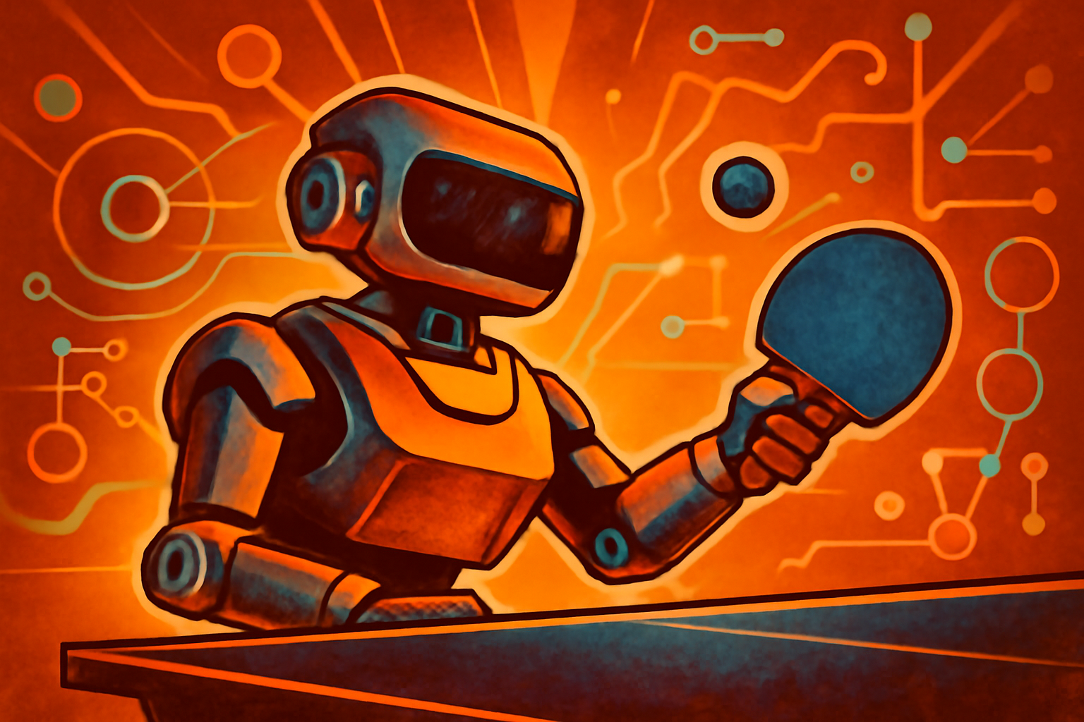 A sleek robotic arm positioned over a professional blue table tennis table, holding a paddle and preparing to strike an orange ping pong ball in motion.