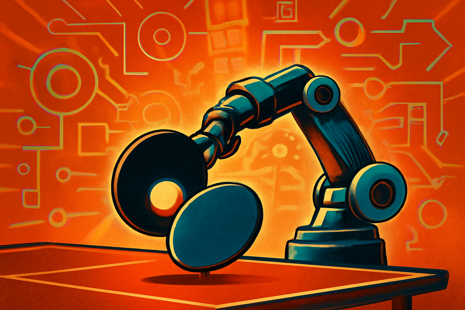 A sophisticated robotic arm holds a paddle and prepares to strike a ball over a blue table tennis table in a professional setting.