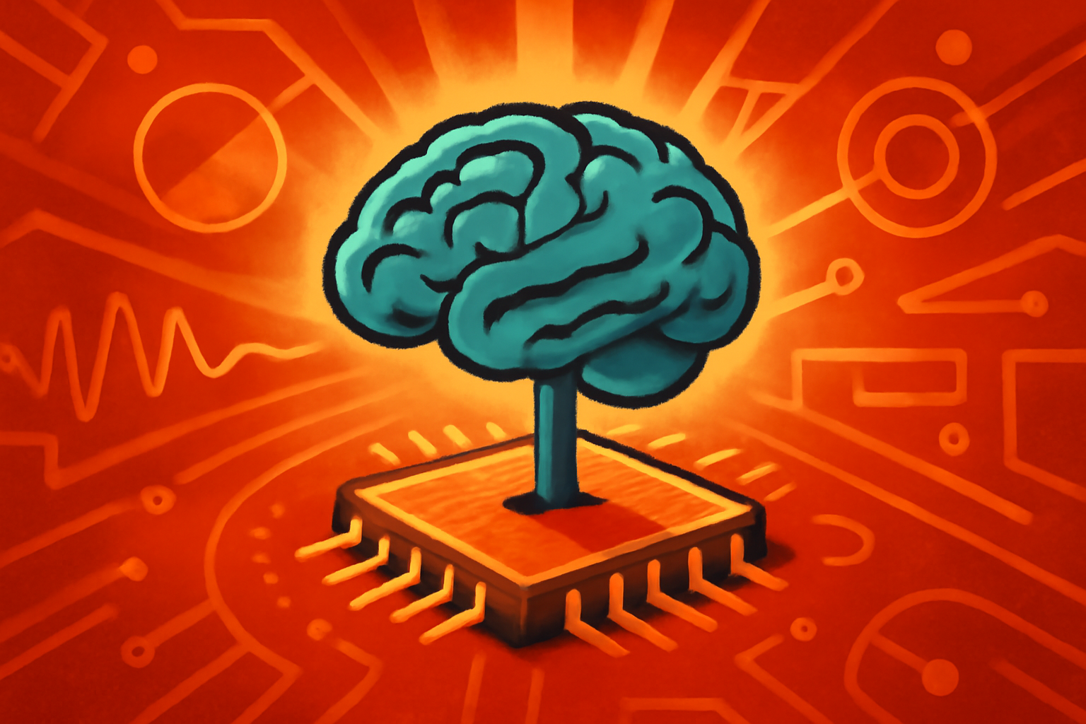 A microscopic view of a silicon computer chip with glowing blue lines representing neural connections, symbolizing a brain-inspired computing device.