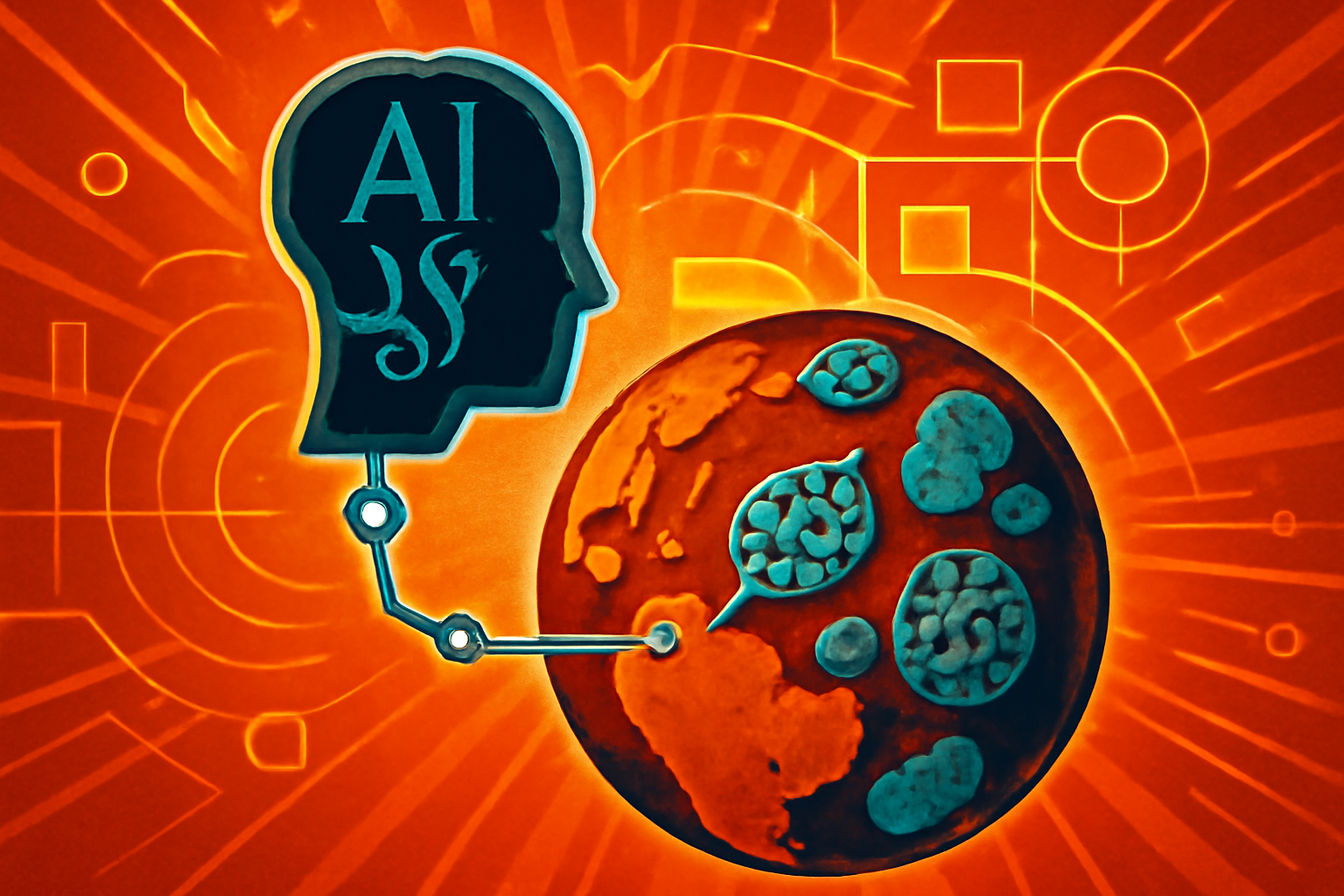 Aerial view of green floating algae blooms in a blue ocean with a subtle digital grid overlay representing data analysis.