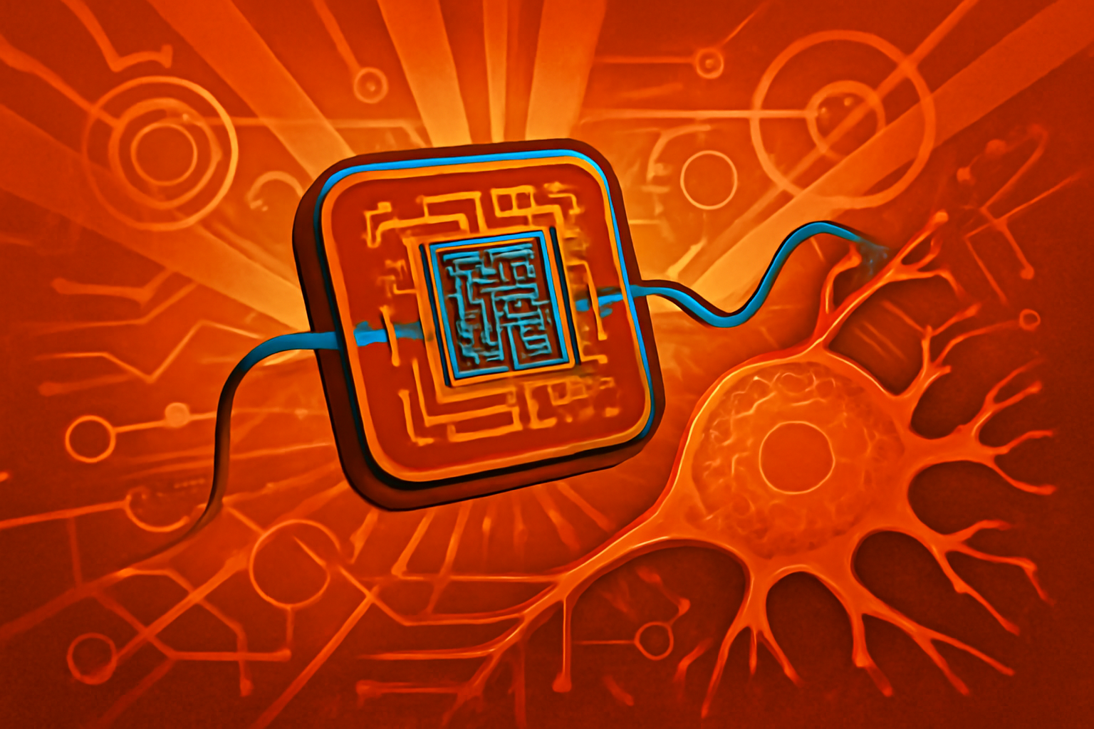 A digital illustration showing a flexible artificial neuron circuit connecting to organic brain cells via glowing electrical pulses.