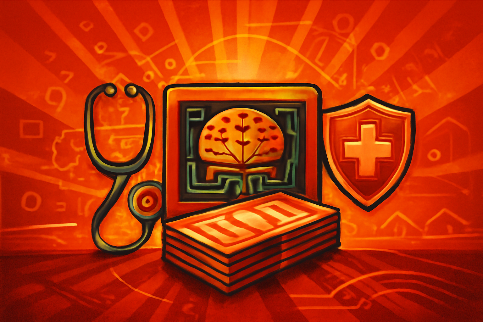 A medical researcher analyzes AI data visualizations on a large laboratory screen.