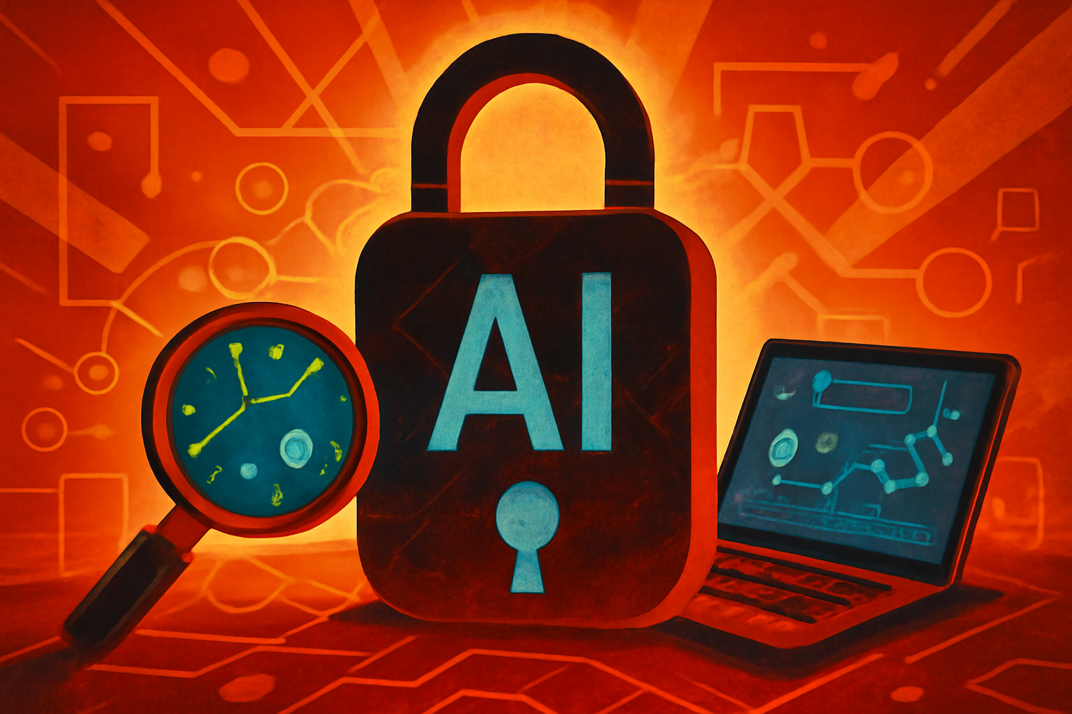 A darkened server room with a computer monitor showing a security alert for a system breach.