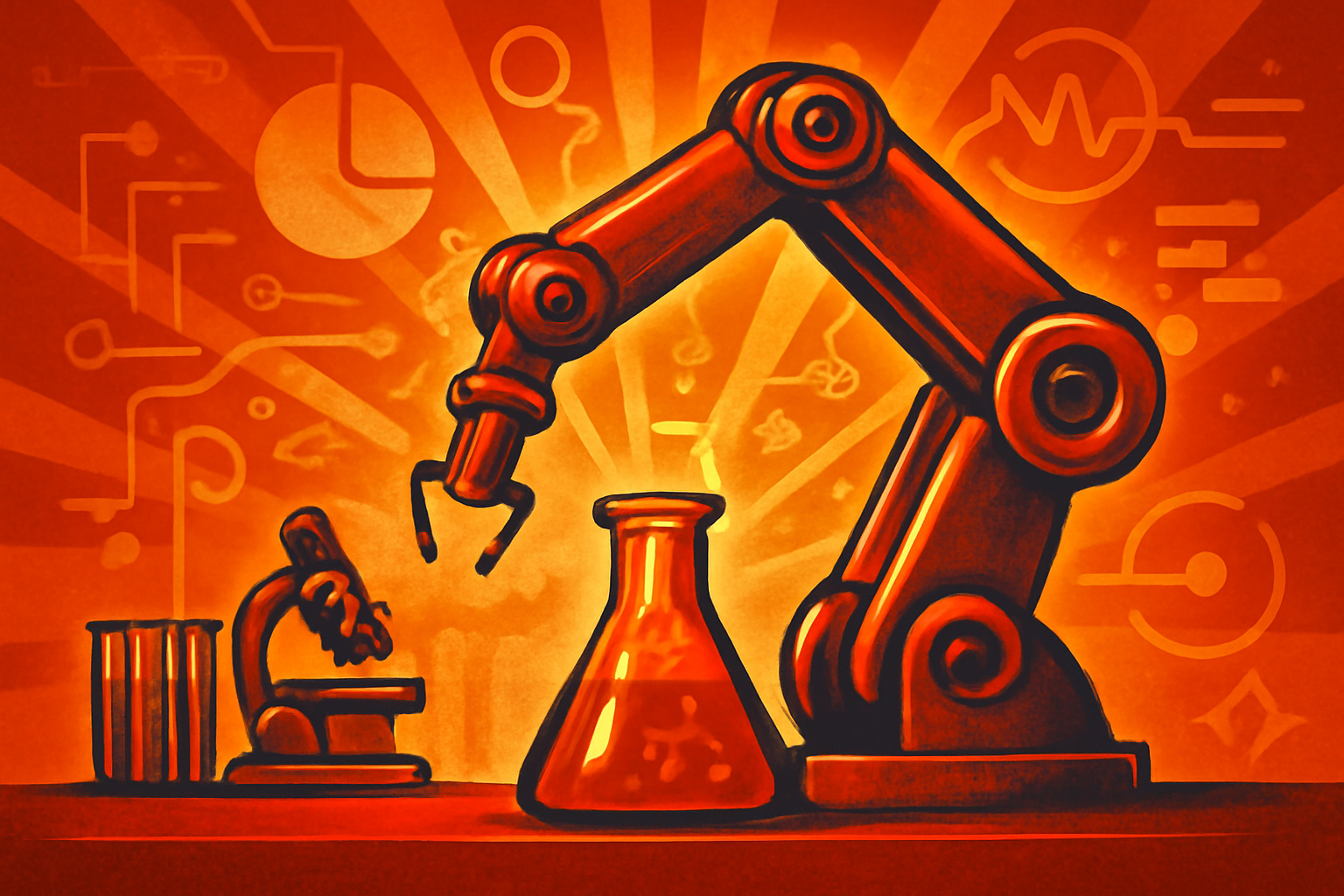 A modern laboratory featuring advanced robotic arms and digital screens displaying molecular data in a sterile research environment.