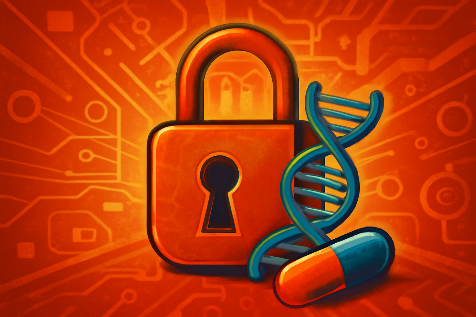 An editorial graphic showing the intersection of biology and computer science with broken data streams symbolizing errors in AI research.