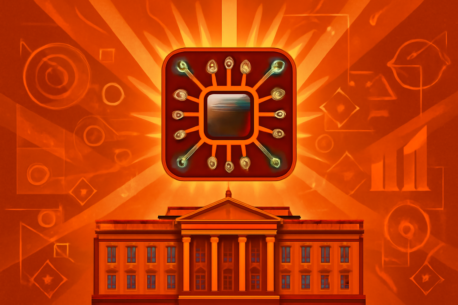 The White House building with a blue digital circuit overlay representing artificial intelligence and national security.