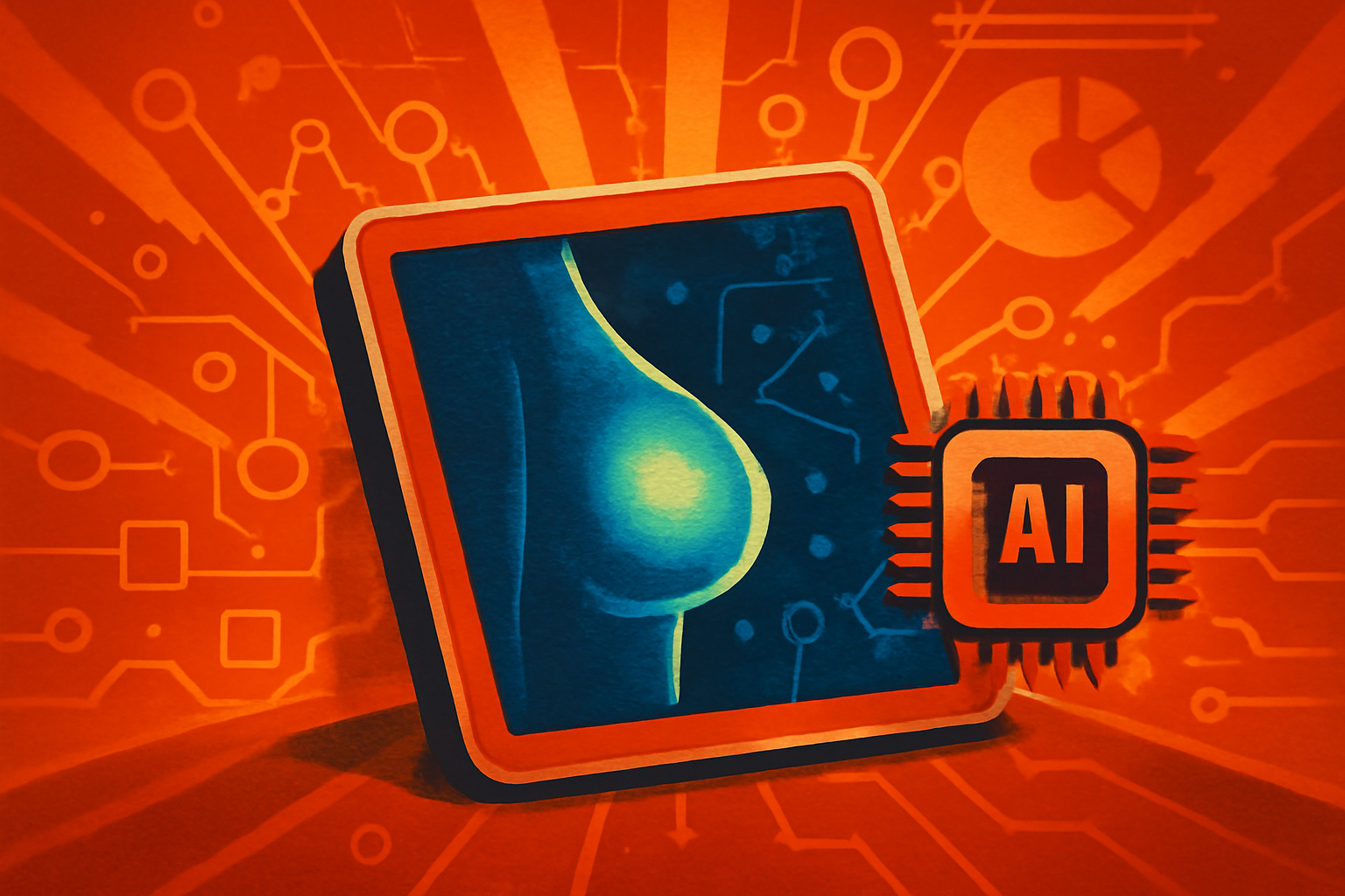 A radiologist analyzes a mammography scan on a professional medical monitor with AI-assisted digital highlights on the screen.