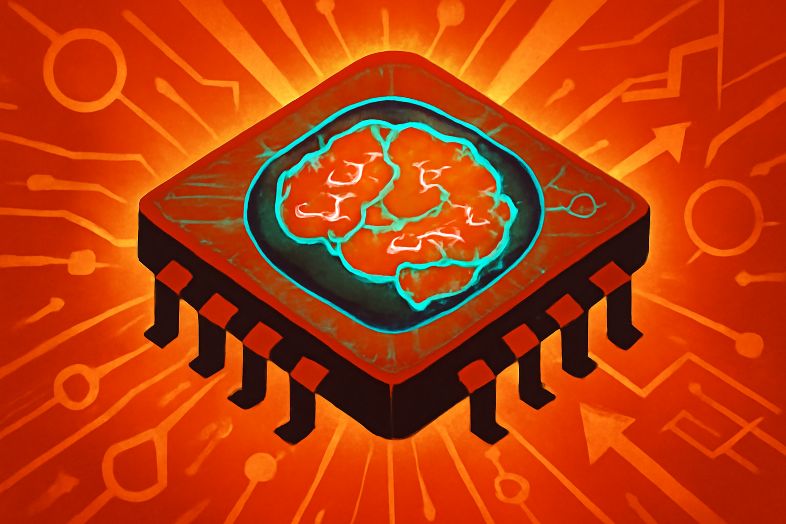 A close-up view of a high-tech microchip featuring glowing circuit patterns that look like human brain connections.