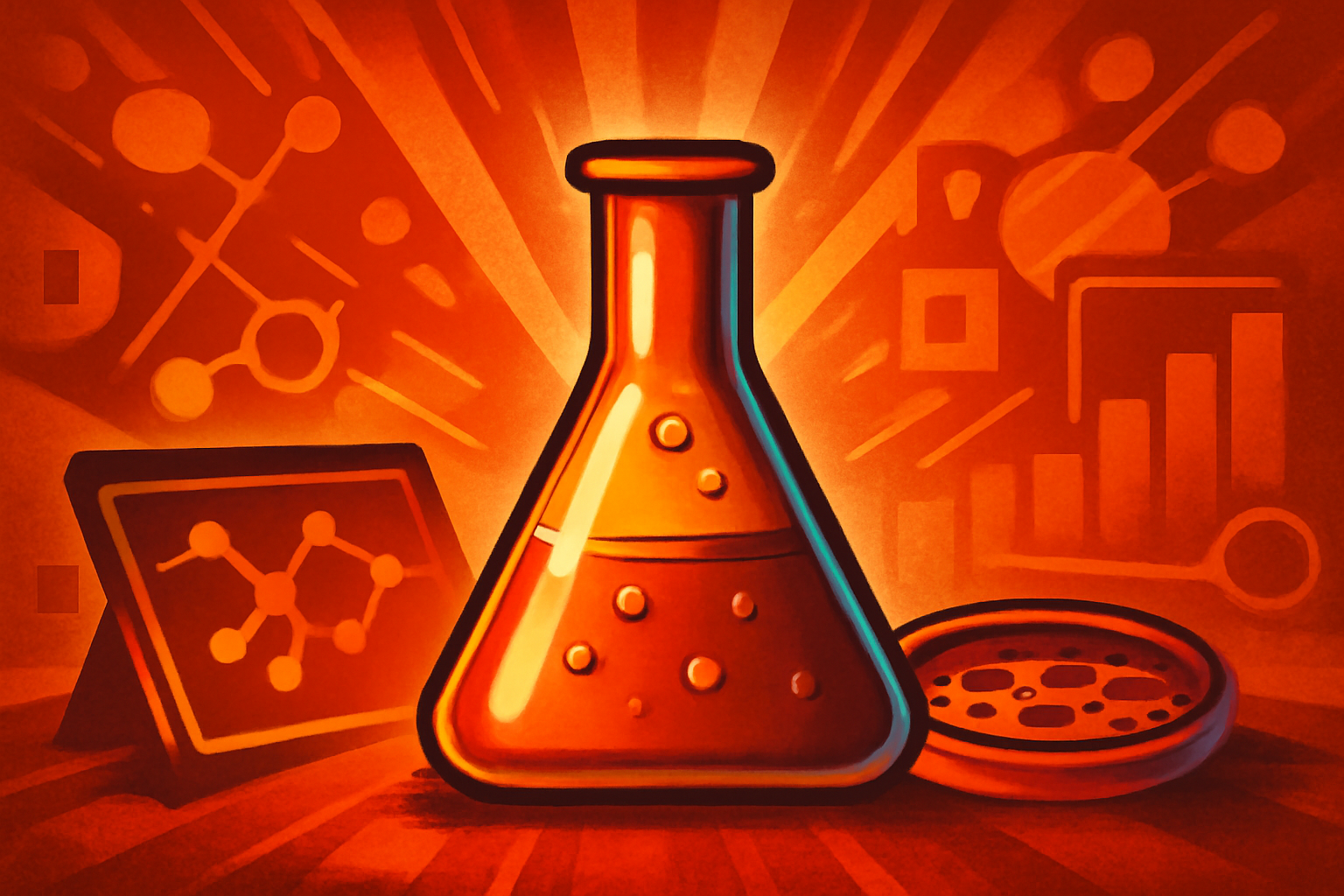 A scientist in a laboratory holding a vial in front of a computer screen showing 3D protein structures.