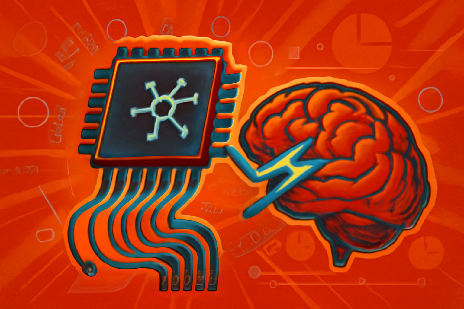 A flexible electronic circuit with glowing blue pathways representing a printed artificial neuron designed to interface with biological cells.