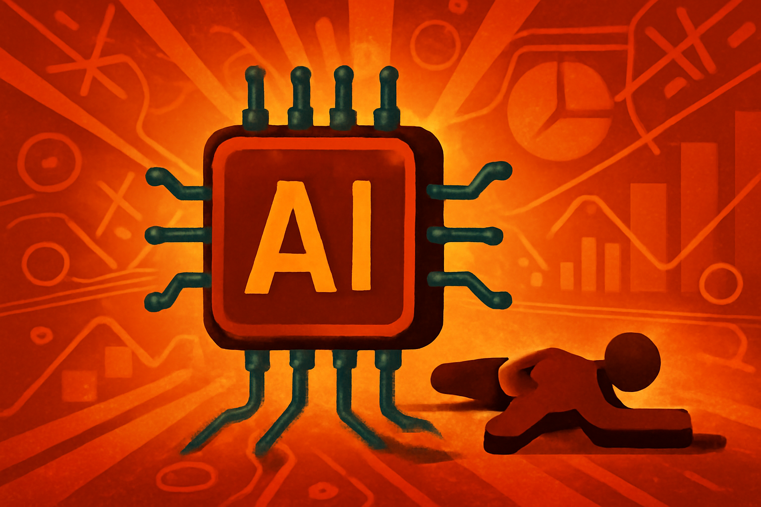 A clean, modern corporate office interior with a large digital screen in the background displaying a glowing blue and white neural network, symbolizing the shift toward artificial intelligence.