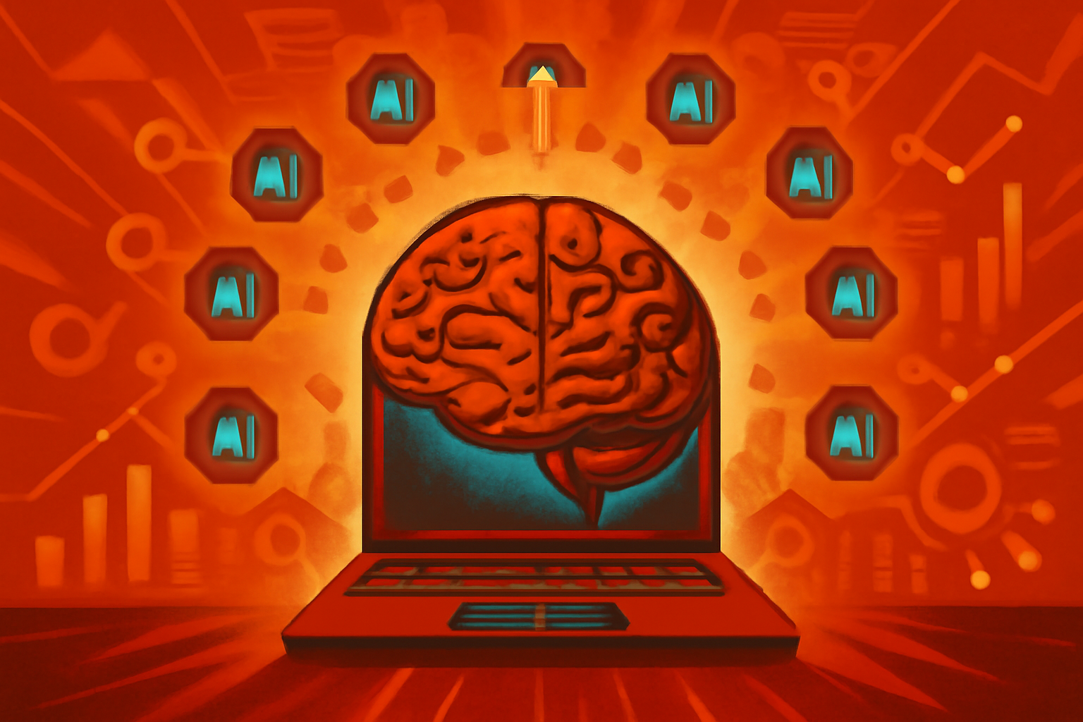 A conceptual digital illustration of an interconnected network of AI nodes infiltrating a group of human silhouettes, symbolizing an undetectable influence campaign.