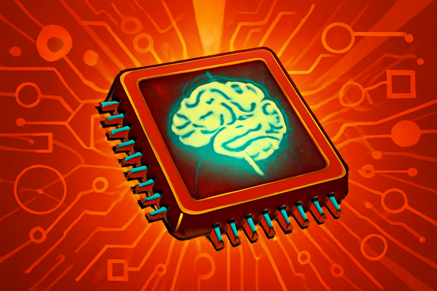 A close-up view of a high-tech microchip with glowing circuits that resemble a neural network.