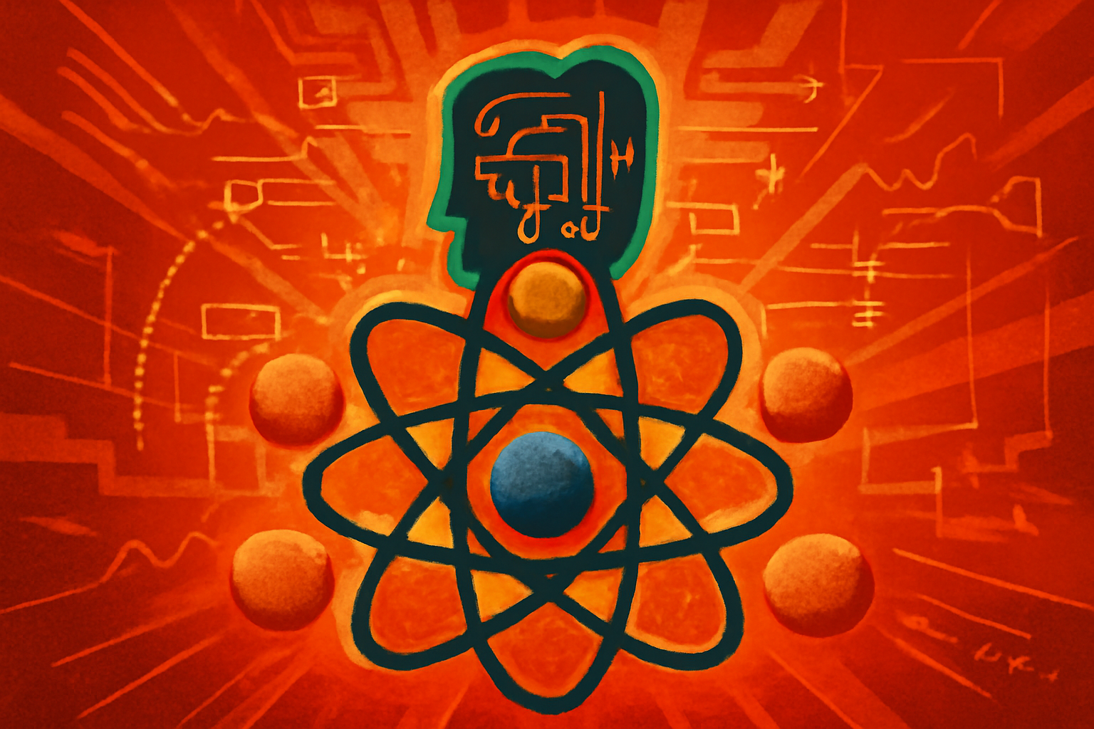 A scientific illustration of glowing particles in dusty plasma with translucent digital data lines and neural network nodes connecting them, representing AI discovery.