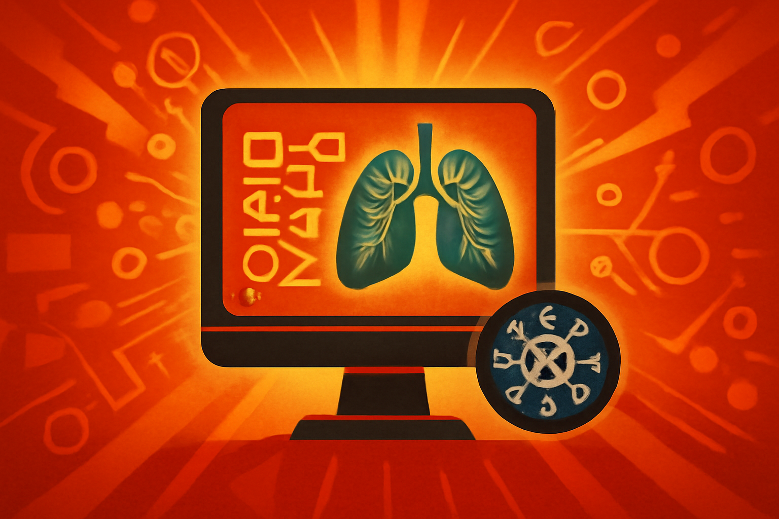 A medical professional in a lab coat looks at a digital screen showing a 3D model of human lungs and complex data charts representing AI-driven risk analysis for cancer surgery.