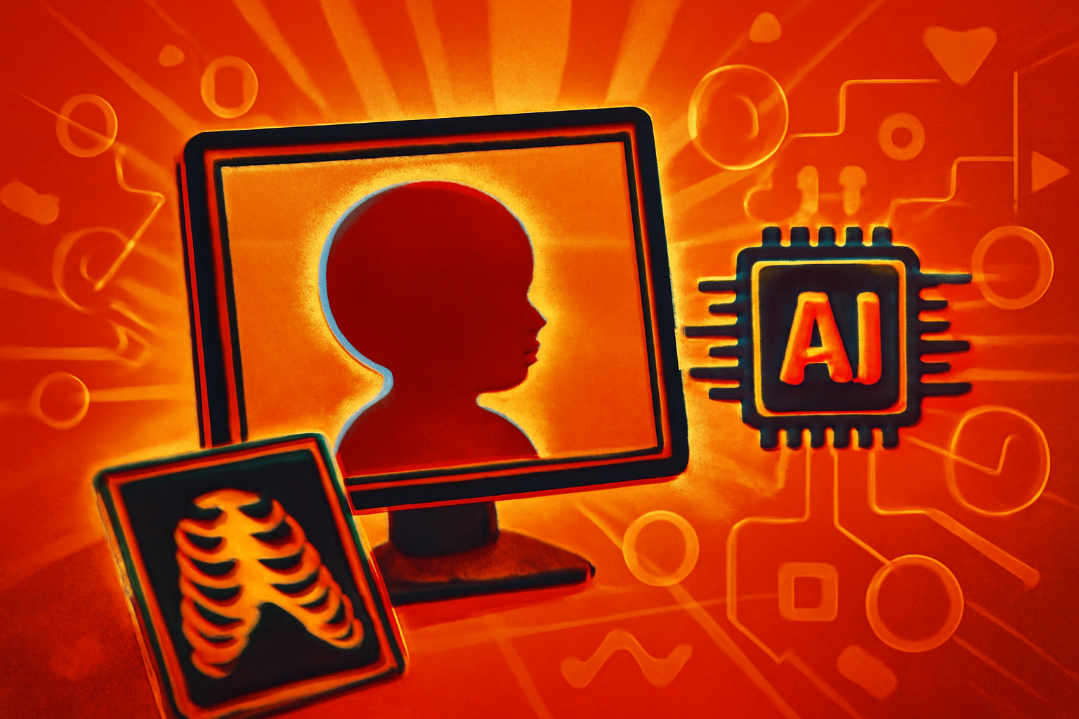 A digital medical display showing a pediatric scan in a modern hospital setting.