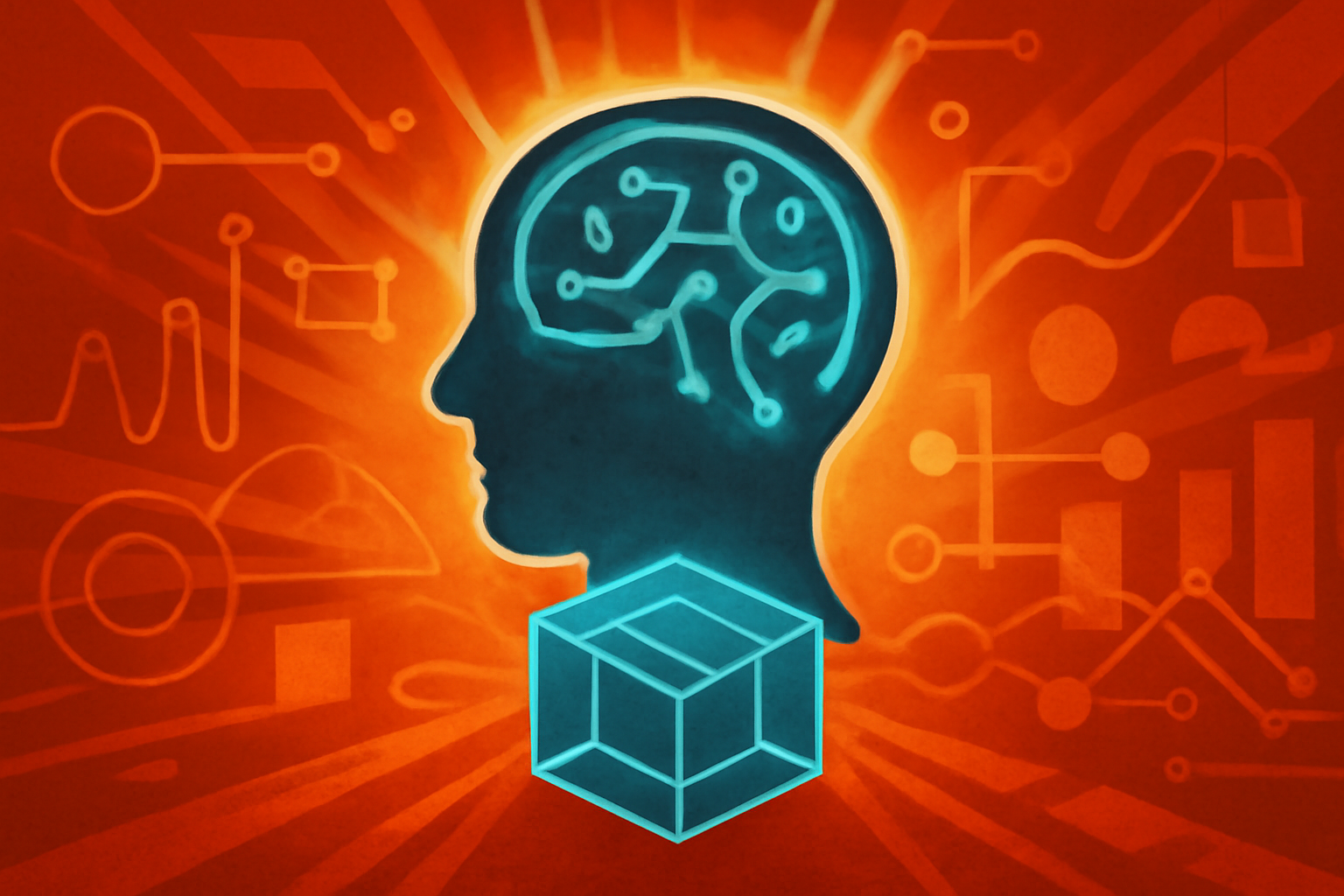 A digital visualization of an AI neural network structure morphing into a structured mathematical grid representing physical reality.