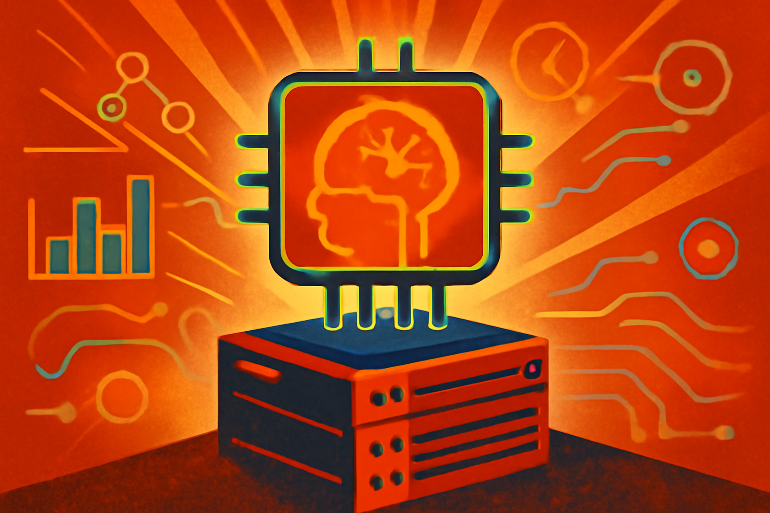 Interior of a modern data center with rows of sleek server racks illuminated by blue LED lights, representing high-performance AI computing hardware.