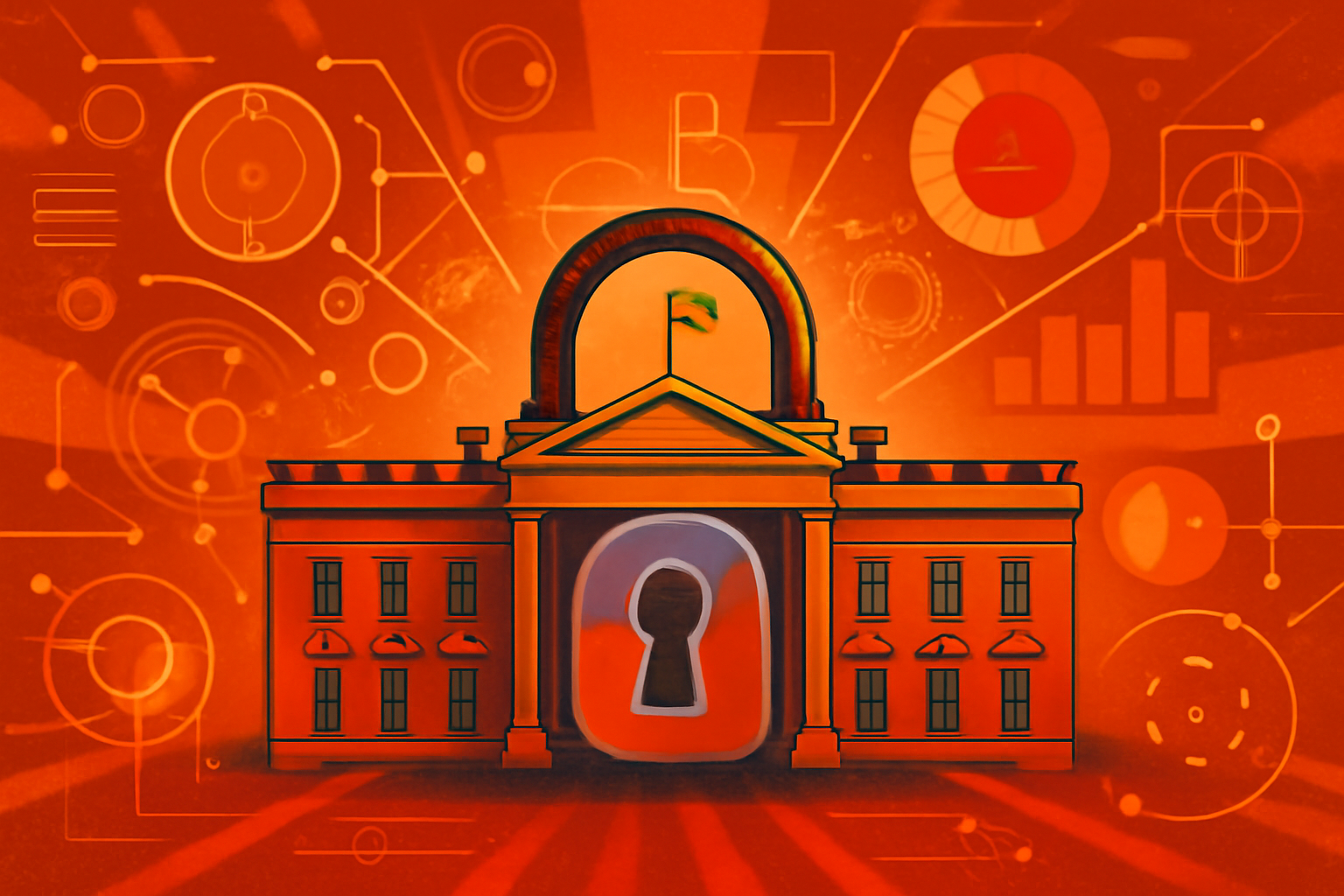 A digital shield icon overlaid on a photograph of a modern server room, representing the protection of American AI infrastructure.