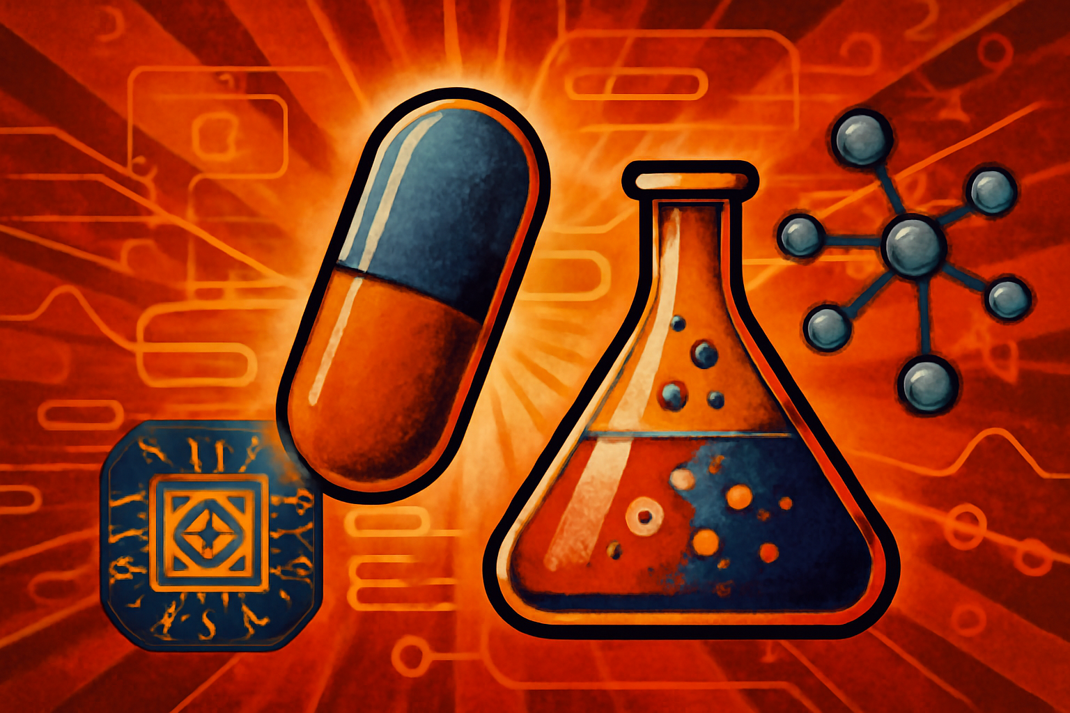 A medical vial in a modern laboratory with digital displays showing 3D molecular protein structures in the background.