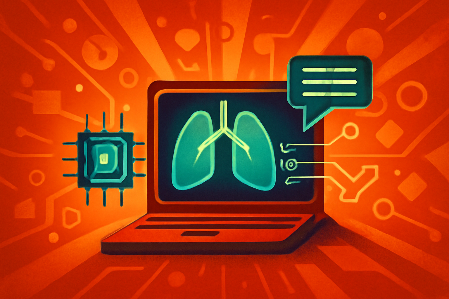 A medical monitor displays a digital lung scan with artificial intelligence risk analysis overlays for surgical planning.