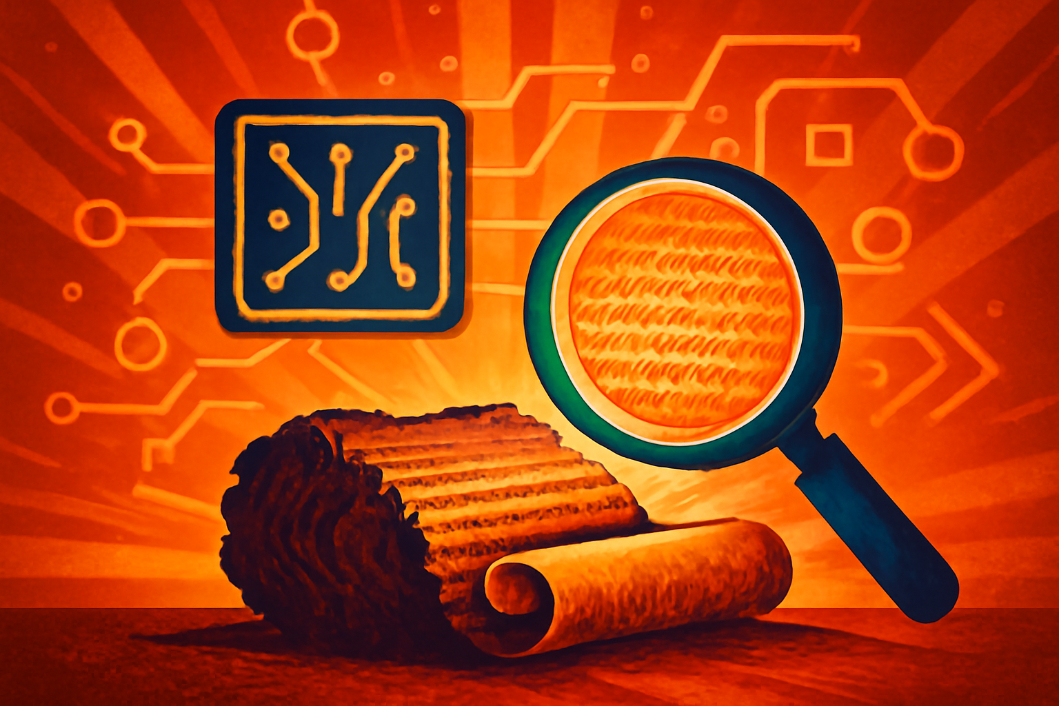 A carbonized ancient scroll inside a high-tech scanner with a computer monitor in the background showing digital reconstructions of ancient Greek text.