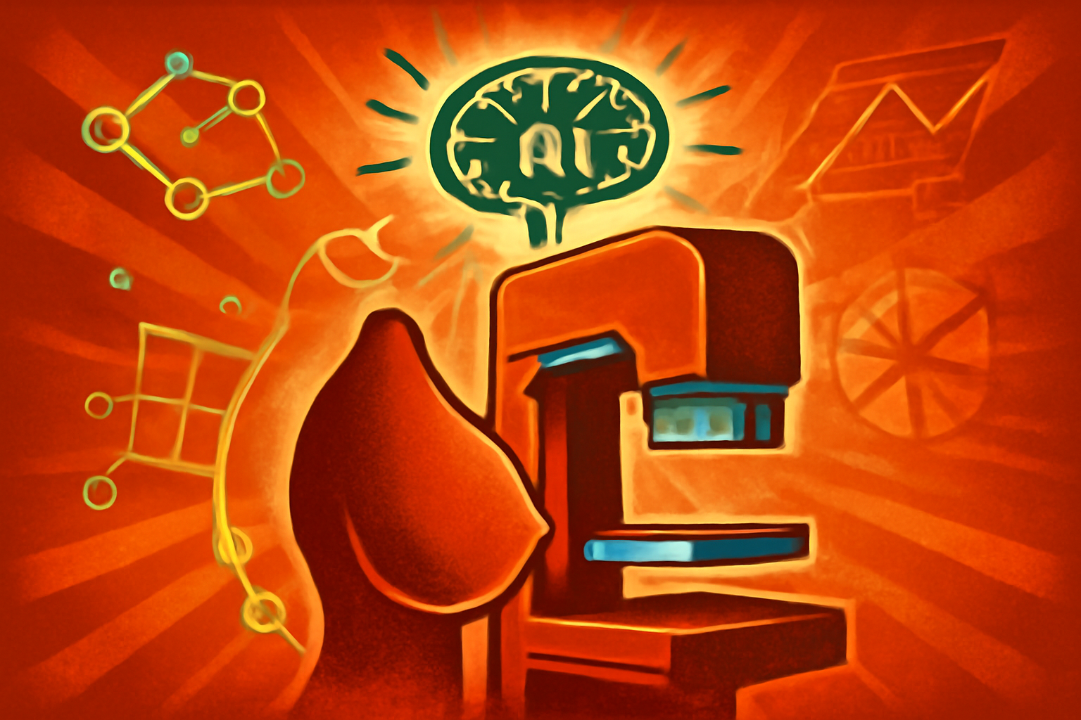 A radiologist examines a digital mammogram on a monitor featuring glowing blue AI-based risk assessment highlights.