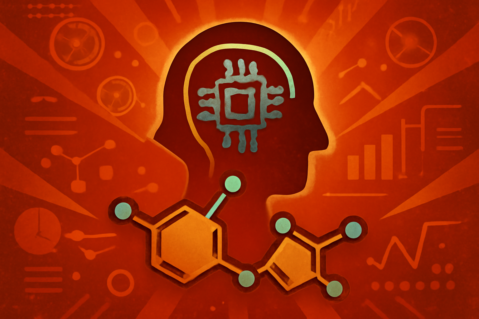 A scientist viewing complex 3D molecular models and chemical reaction data on a high-tech digital display in a laboratory.